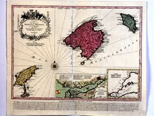 Map of the Majorca, Menorca and Ibiza islands, in hand engraving and colored, with a box showing …