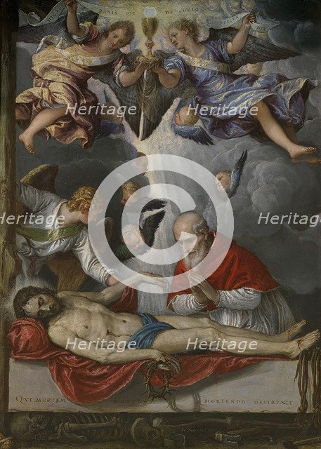 Dead Christ, adored by Pope Pius V, ca 1571-1572. Artist: Parrasio, Micheli (ca. 1516-1578)