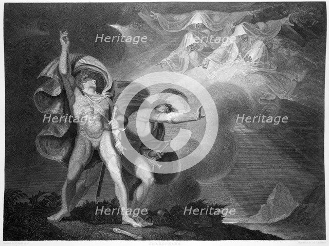 Macbeth and Banquo encounter the three witches on the heath, 1805. Artist: John Boydell