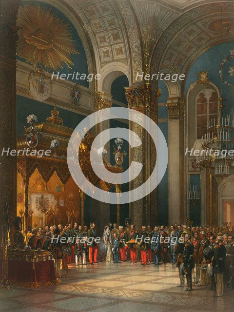 Homage of Cossack officers in the Throne Hall, coronation of Tsar Alexander II, Moscow, 1856.  Artist: Georg Wilhelm Timm