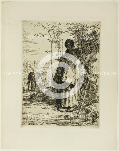 The Shepherdess Knitting, 1862. Creator: Jean Francois Millet.