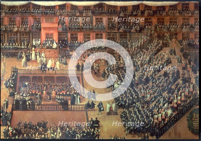 Auto-da-Fé in Plaza Mayor in Madrid, 17th century. Creator: Rizzi, Francisco. (1608 - 1685).