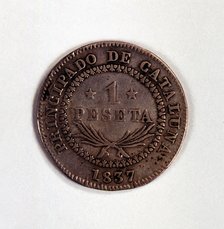 Head of a one-peseta coin in silver, reign of Elizabeth II, 1837. Catalonia.