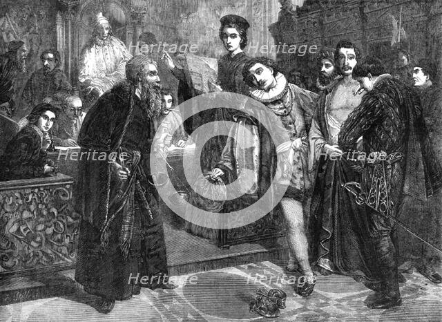 The Royal Academy Prize-painting, Trial Scene in "The Merchant of Venice", by A. B. Donaldson, 1862. Creator: E. Skill.