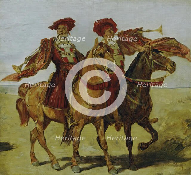 Two mounted fanfarers, 1879. Creator: Hans Makart.