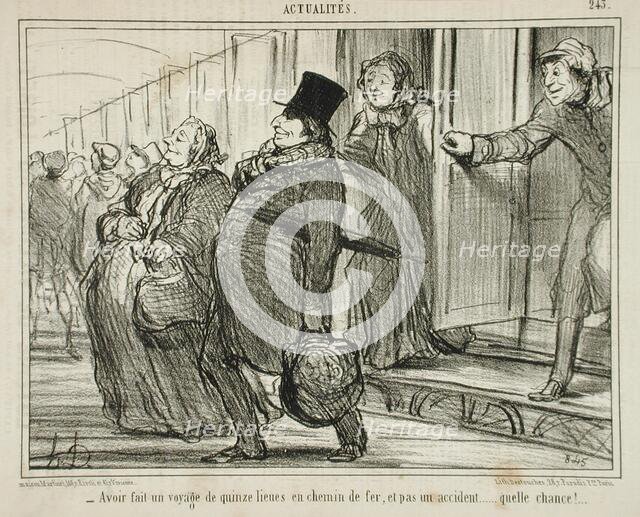 Avoir fait un voyage de quinze lieues en chemin de fer.., 1855. Creator: Honore Daumier.
