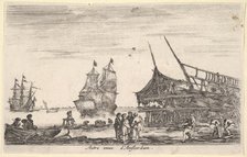 Another view of Amsterdam (Autre vue d'Amsterdam), a group of four men stand in center on ..., 1647. Creator: Stefano della Bella.