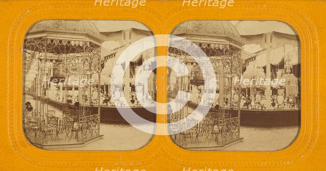 Interior of possibly the 1867 Paris Exposition displaying lighting fixtures, about 1867. Creator: Unknown.