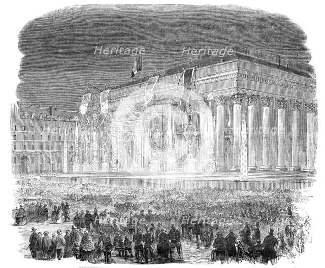 Illumination of the Bourse, at Paris, in Honour of the Birth of the Prince Imperial, 1856.  Creator: Unknown.