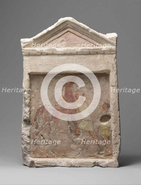 Painted limestone funerary slab with a man controlling a rearing horse, 2nd half 3rd century B.C. Creator: Unknown.