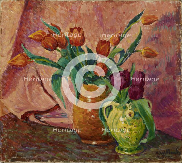 Two Vases with Tulips, 1915. Creator: Alfred William Finch.