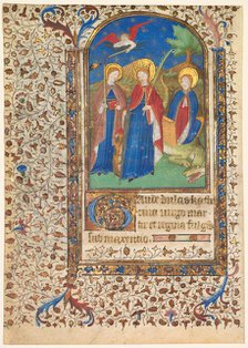 Leaf from a Book of Hours: Sts. Geneviève, Catherine of Alexandria, and Margaret (recto), c. 1415. Creator: Boucicaut Master (French, Paris, active about 1410-25), workshop of.