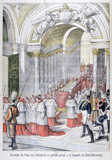 The body of Pope Leo XIII transported to the Chapel of the Saint-Sacrement, Vatican, 1903. Artist: Unknown