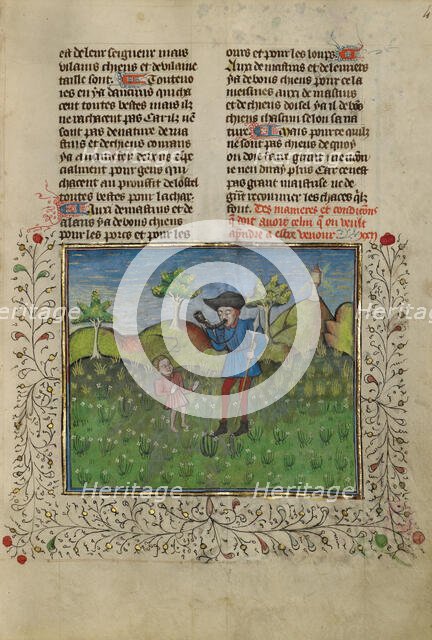 A Hunter and a Young Boy; Livre de la Chasse, about 1430-1440. Creator: Unknown.