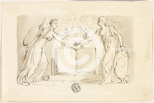 Two Allegorical Female Figures Clasping Hands before Book, 1830/34. Creator: Thomas Stothard.
