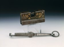 Iron lock and key with incised and gilded floral decoration, Tibet, 18th century or earlier. Artist: Unknown