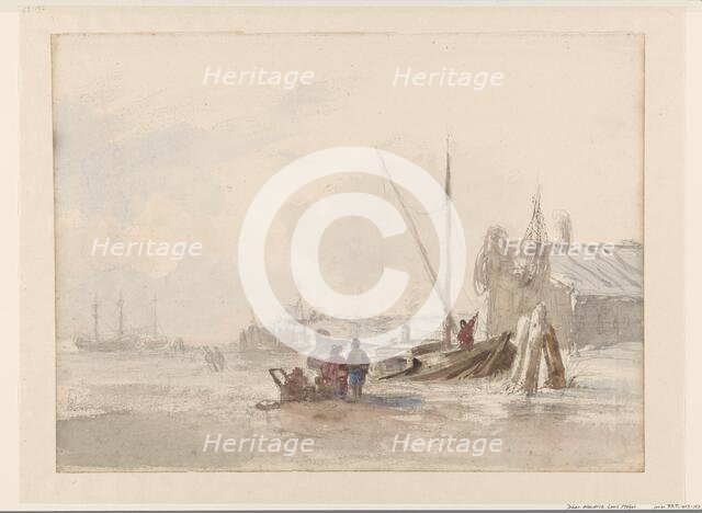 Beach scene with fishermen near a boat in the foreground, 1819-1866. Creator: Johan Hendrick Louis Meijer.