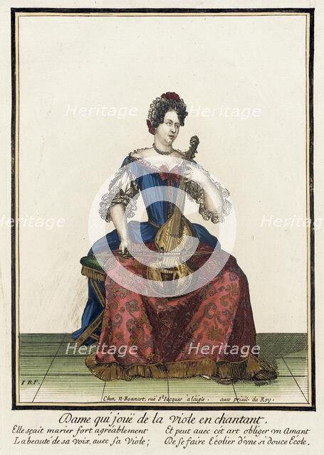 Recueil des modes de la cour de France, 'Dame qui Jouë de la Viole..., between c1682 and c1686. Creator: Nicolas Bonnart.
