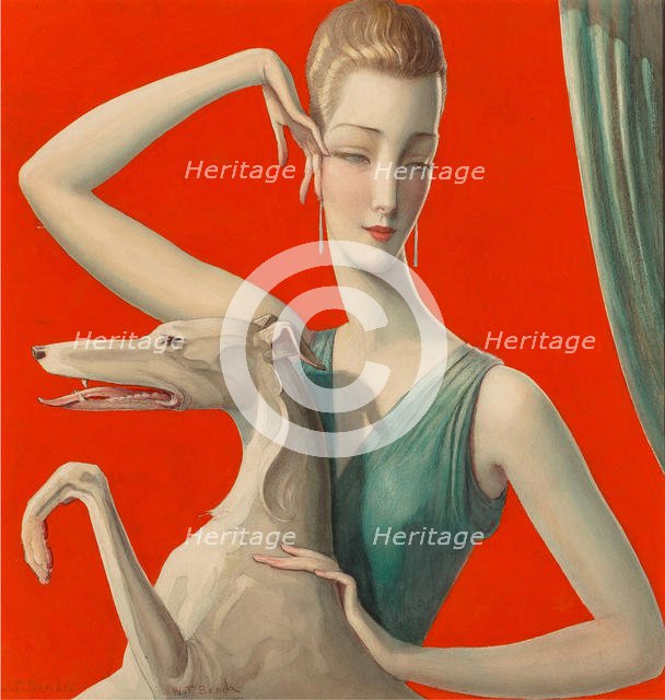 Elegant Woman and Afghan Hound. Creator: Benda, Wladyslaw Theodor (1873-1948).