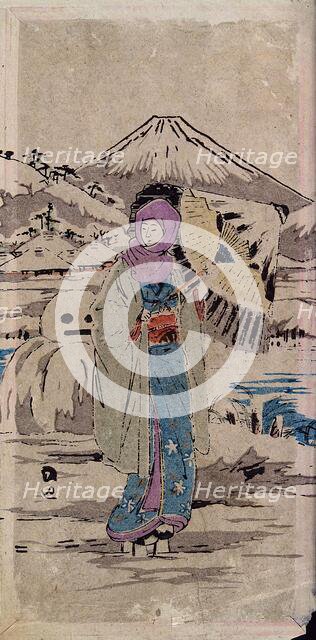 A Japanese woman standing in the snow, between 1800 and 1899. Creator: Unknown.