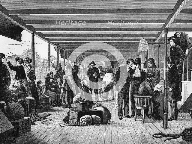 Swedish emigrants on the deck of a ship, 1880s. Artist: Unknown