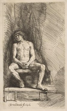 Nude Man Seated before a Curtain, 1646. Creator: Rembrandt Harmensz van Rijn.