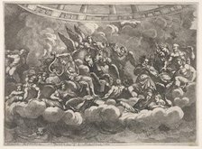 Gathering of various Olympian gods and mythological figures among clouds, Apollo at ce..., ca. 1680. Creator: Pietro Santi Bartoli.