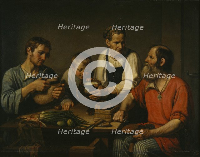 Peasant family before dinner, 1824. Artist: Solntsev, Fyodor Grigoryevich (1801-1892)