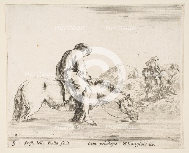 Plate 5: a barefoot peasant on horseback crossing a river, another peasant on horse..., ca. 1644-47. Creator: Stefano della Bella.