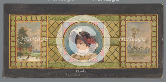 Triptych of painted glass with a landscape on either side of a portrait of a woman with hat, c.1850- Creator: Anon.