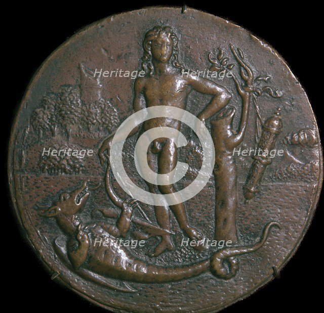 Bronze medallion of Apollo and the serpent Python, 16th century. Artist: Unknown