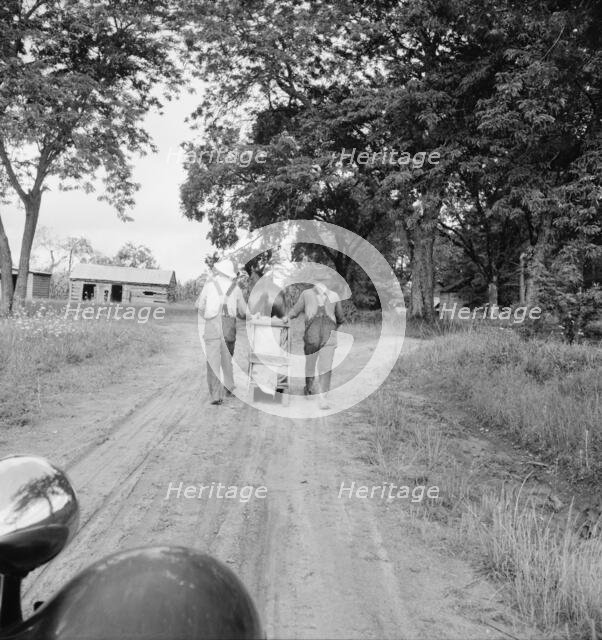 Mr. Taylor and wage laborer slide tobacco to the barn..., Granville County, North Carolina, 1939. Creator: Dorothea Lange.