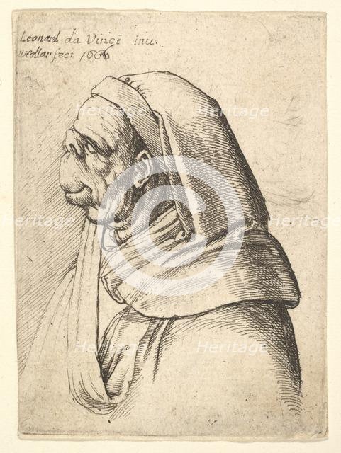 Bust of a man with a small turned-up nose and very high upper lip, wearing hood, in profil..., 1666. Creator: Wenceslaus Hollar.