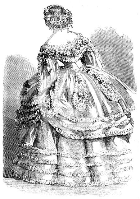 Fashions for November - Robe of White Crape over a slip of White Satin, 1858. Creator: Unknown.