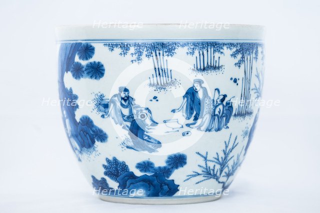Deep blue and white fish bowl of sages in bamboo grove, 1630-1650. Artist: Unknown.