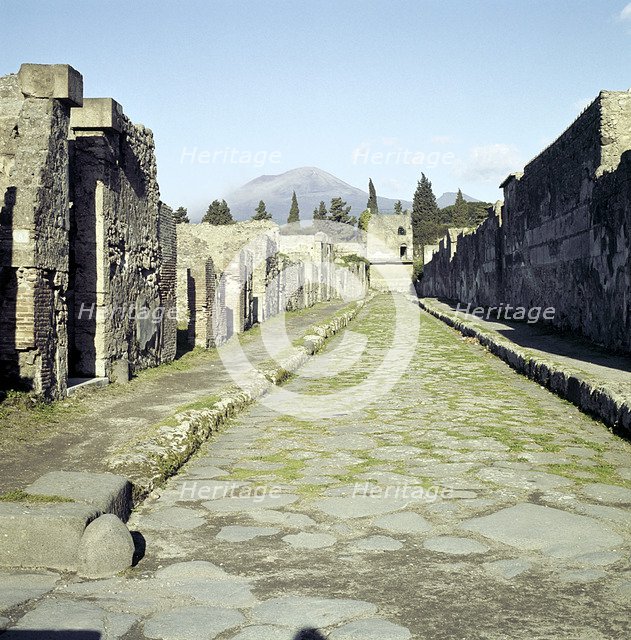 A Pompeii street with Vesuvius in the distance, Italy. Creator: Unknown.