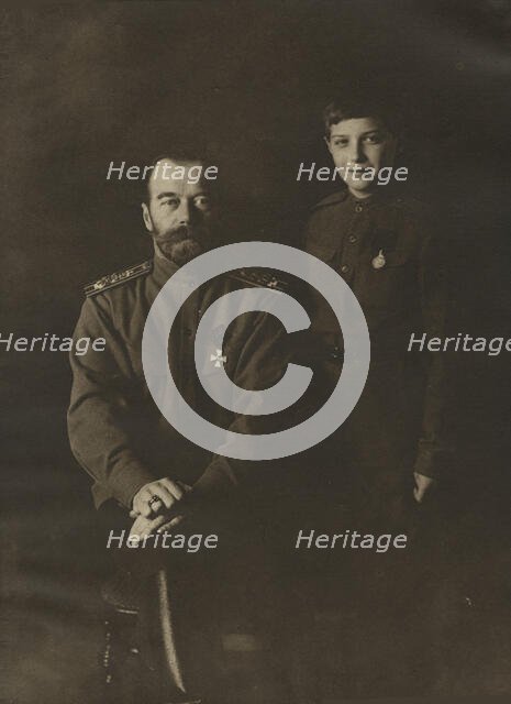 Tsar Nicholas II and Tsarevich Alexei, 1915. Creator: Levitsky, Sergei Lvovich (1819-1898).