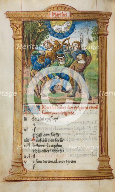 Printed Book of Hours (Use of Rome): fol. 4v, March calendar illustration, 1510. Creator: Guillaume Le Rouge (French, Paris, active 1493-1517).