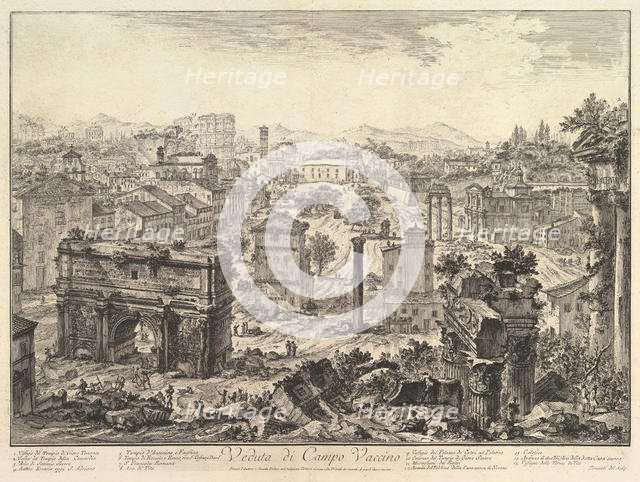 The Forum Romanum, or Campo Vaccino, from the Capitol, with the Arch of Septimius in t..., ca. 1775. Creator: Giovanni Battista Piranesi.