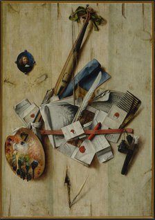 Trompe l'oeil with Violin, Painting Tools and Self-Portrait, 1675. Creator: Gijsbrechts, Cornelis Norbertus (before 1657-after 1675).