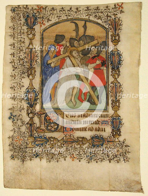 Manuscript Leaf from a Book of Hours Showing an Illuminated Initial D and Christ..., 1390-1400. Creator: Unknown.