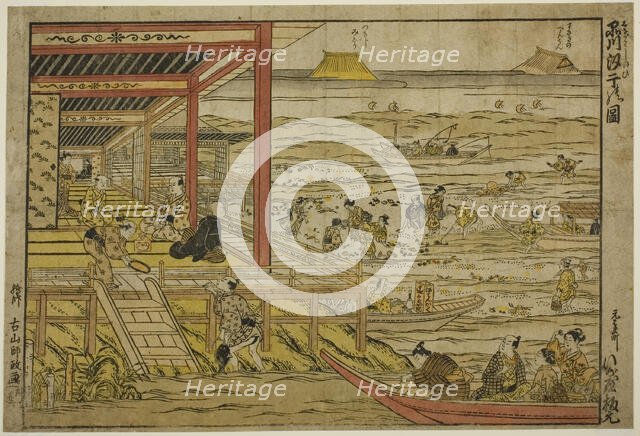 Gathering Shellfish at Low Tide at Shinagawa (Shinagawa shiohigari no zu), 1740s. Creator: Furuyama Moromasa.