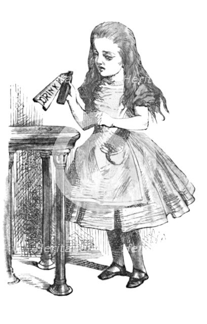 'Alice looking at the bottle with the sign 'drink me''', 1889. Artist: John Tenniel.