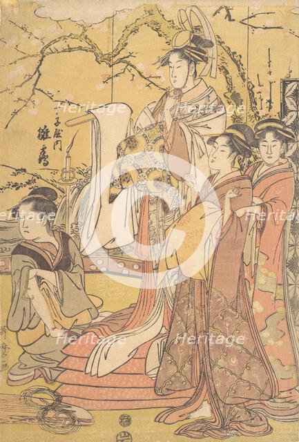 The Oiran Hinazuru of Chojiya Standing upon a Pile of Futon, ca. 1794. Creator: Kitagawa Utamaro.