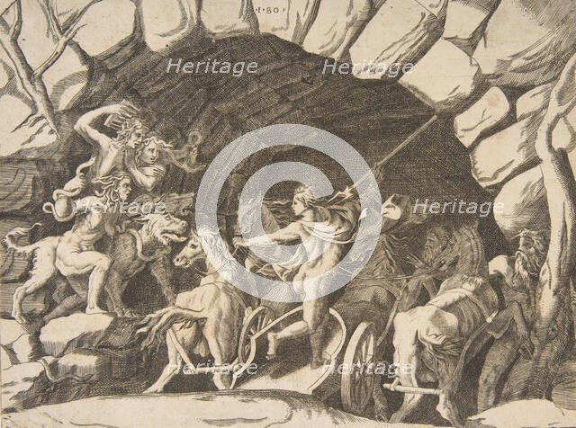 Pluto riding a chariot descending into Hell, from the 'Division of the Universe', 1531-76. Creator: Giulio Bonasone.