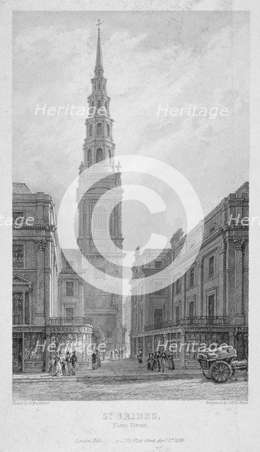 St Bride's Church, Fleet Street, City of London, 1839. Artist: John Le Keux
