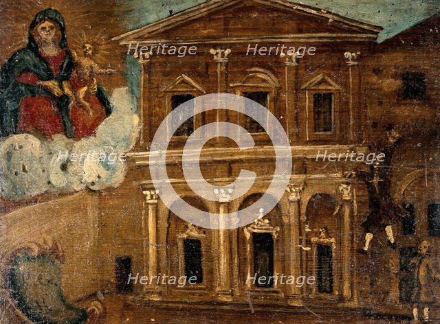 A man falling from the upper storey of a building into a courtyard. Creator: Unknown.