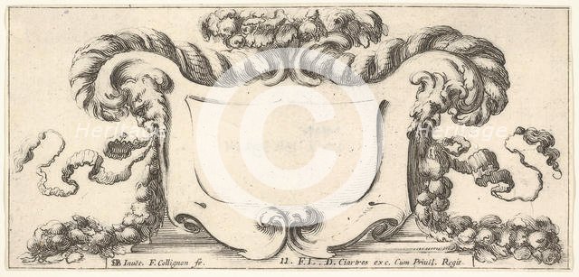 Plate 11: a cartouche with fruits, flowers, and leaves at top, a mask of a faun in ..., ca. 1640-45. Creator: Francois Collignon.