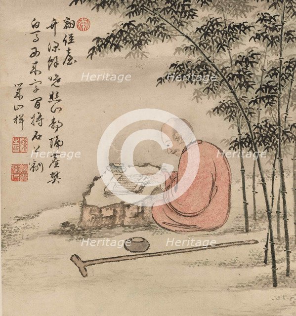 Reading monk in a bamboo forest.