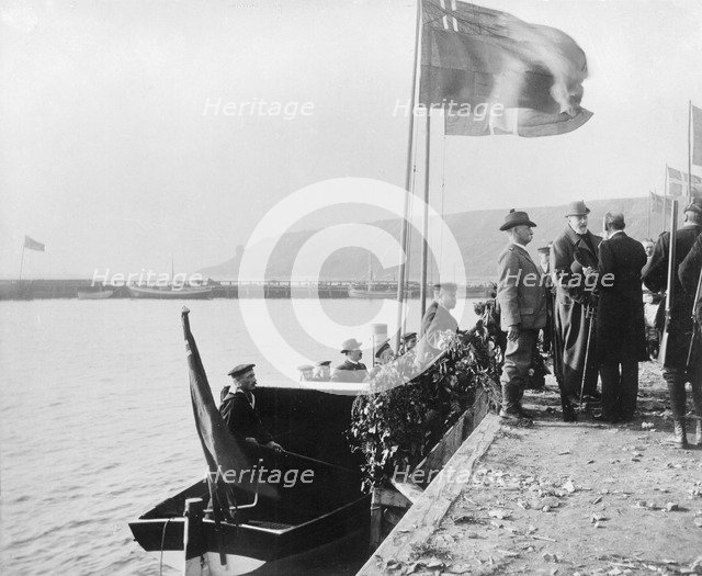 King Oscar II of Sweden arrives on the Isle of Ven for a hunting trip, Sweden, 1900 Artist: Unknown